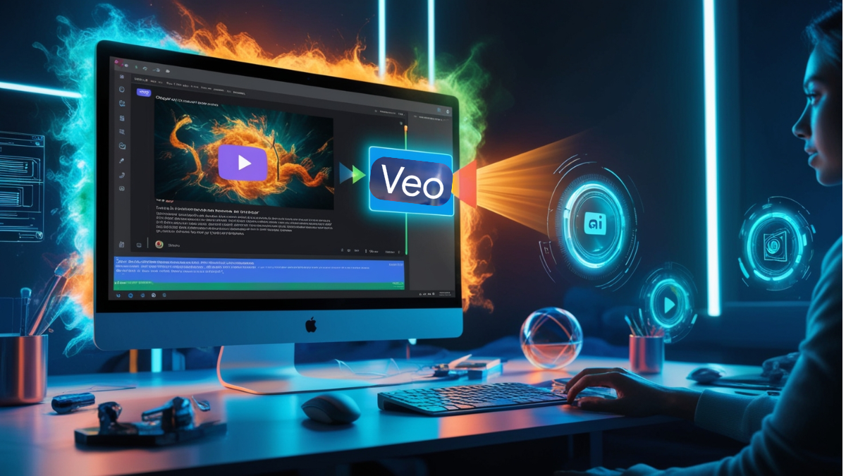 AI-powered video creation interface with vibrant colors and dynamic visuals on a computer screen, symbolizing the potential of Google VEO AI