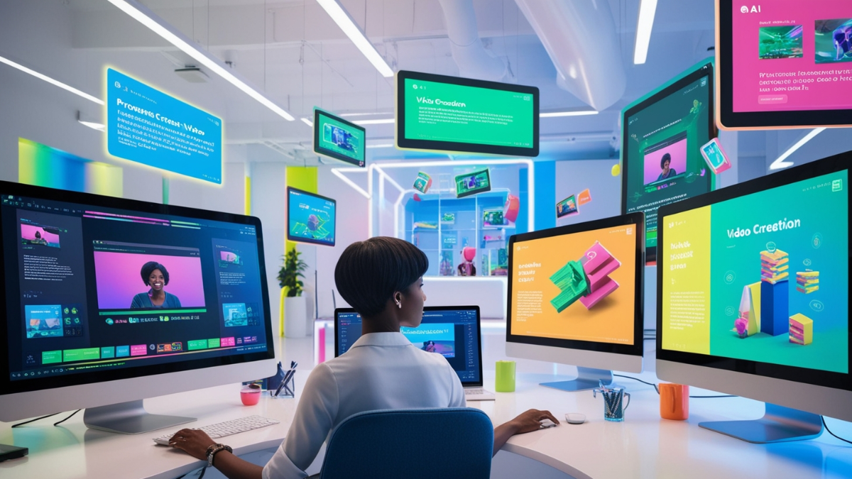 A vibrant, futuristic scene showing a content creator working with Google Veo AI powered video creation tools, with digital screens displaying video transformation and colorful 3D elements.