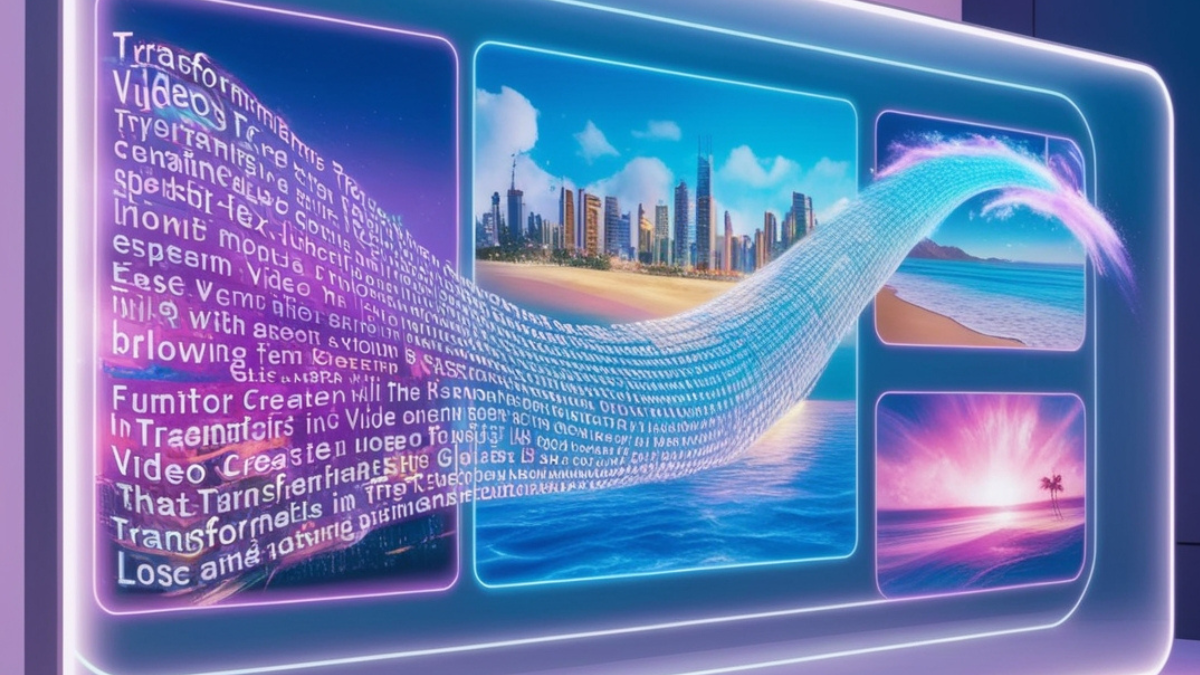 Futuristic digital workspace with a glowing holographic screen displaying text transforming into dynamic video scenes, including a cityscape and beach, in a sleek, neon-lit setting.