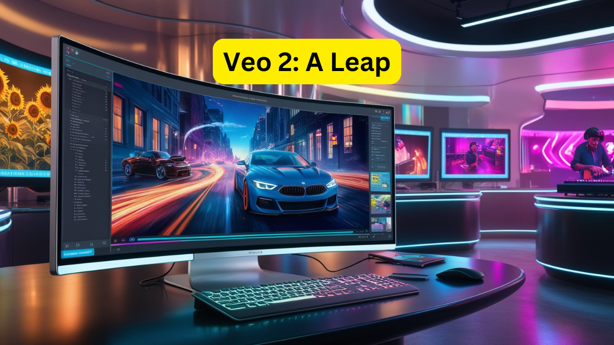 Futuristic Google Veo 2 AI video production studio with holographic projections and vibrant generated video scenes.