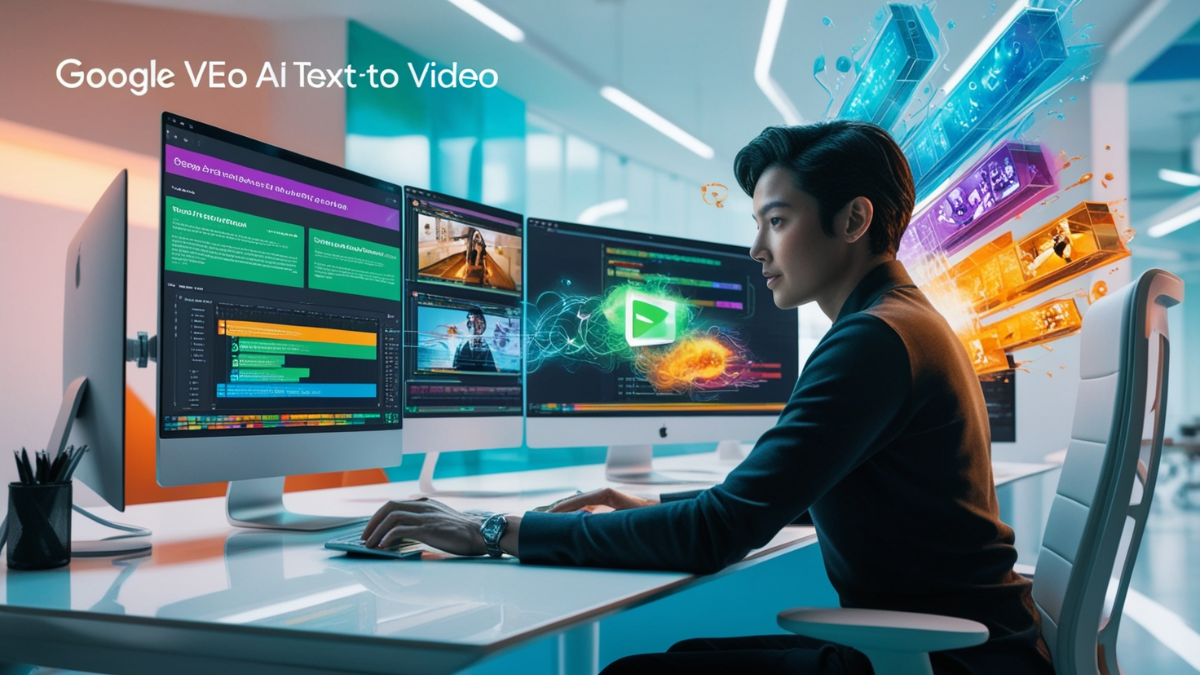 Content creator using Google VEO AI for text-to-video generation with vibrant visuals and futuristic workspace.