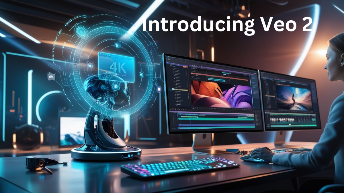 Google Veo 2 AI tool generating a cinematic video scene with advanced editing tools in a futuristic high-tech studio.