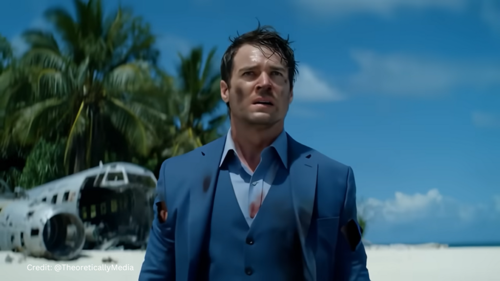 Google Veo 2 prompt a man in a ripped blue suit on a tropical island